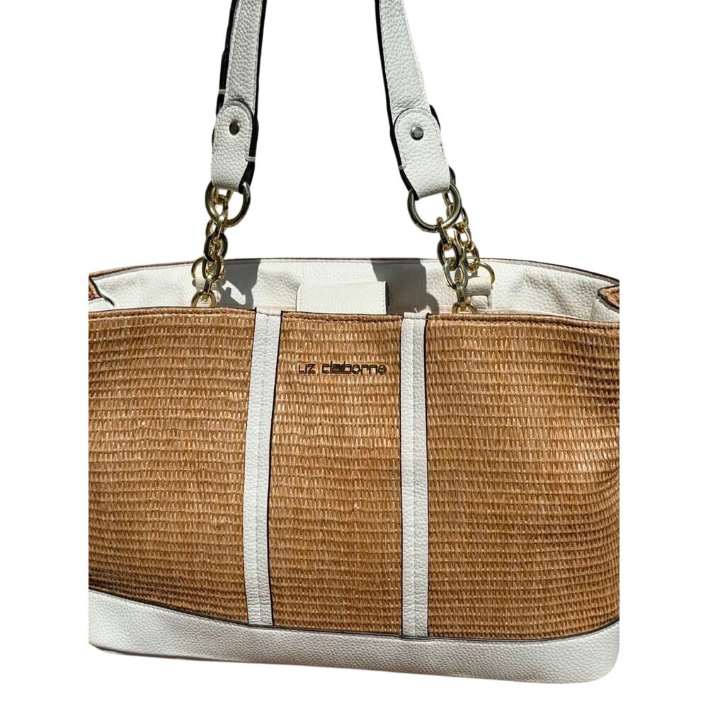 ☀️ Liz Claiborne Woven Straw & White Faux-Leather Shoulder Tote ☀️ - Picture 9 of 9
